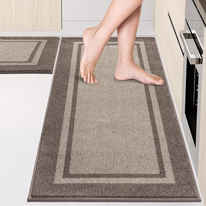 Kitchen Rugs Set (24" x 36"+24" x 60"), Non-Slip Machine Washable Kitchen Runner Rugs Floor Mats, Absorbent Comfort Standing Mats for Kitchen, Sink and Hallway, Rolled Packaging, Beige & Grayish Brown