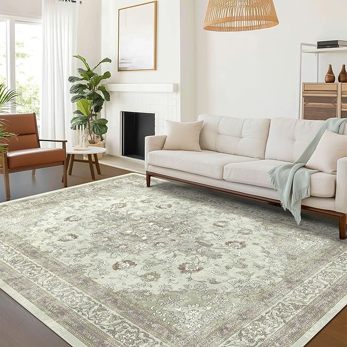 vivorug 8x10 Area Rugs for Living Room, Non-Slip Backing Washable Rug 8x10, Sage Green Large Area Rug Soft Carpet for Bedroom Dining Room, Vintage, Easy Clean, Durable, Low Pile Rug Under Table
