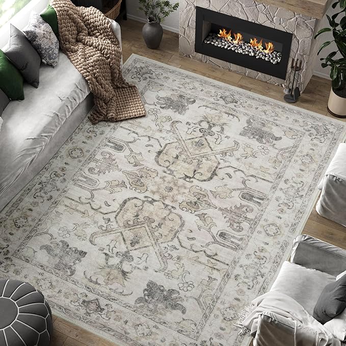jinchan 6x9 Area Rugs for Living Room Washable Soft Throw Rug Ultra-Thin Stain Resistant Non-Slip Distressed Vintage Floral Large Carpet for Bedroom,Dining Room,Home Office,Nursery (6x9ft,Taupe)