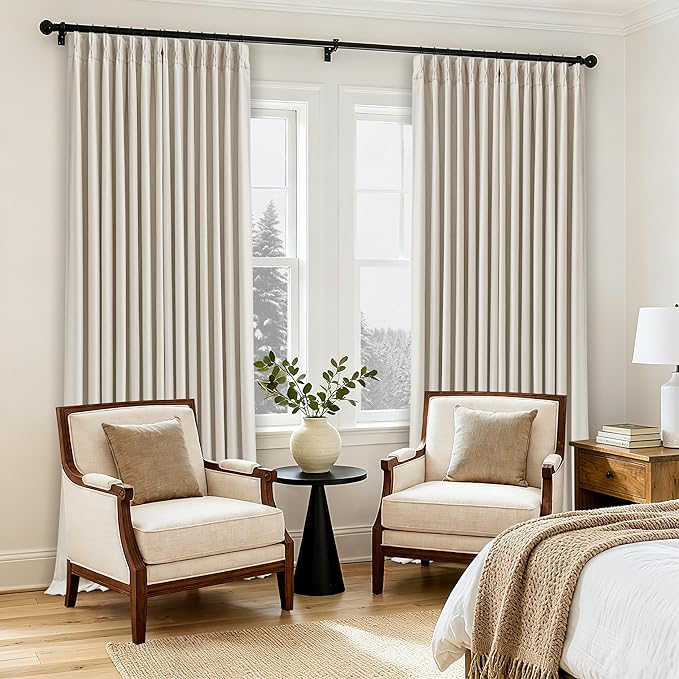 70 Inch Extra Wide Blackout Curtain 96 Inches Long for Living Room Pinch Pleated Natural Linen Cream Beige Thermal Drapes Back Tab Room Darkening 100% Blackout for Bedroom Large Window 70x96 1 Panel