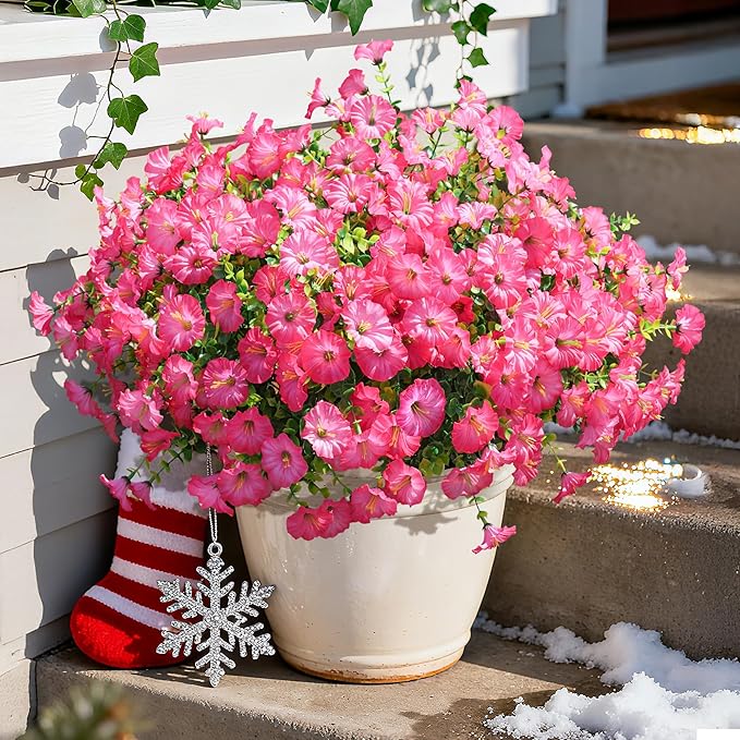 Artificial Flowers Fake Plants for Outdoors Decoration, 12 Bundles Pink Silk Morning Glory with Eucalyptus Realistic UV Resistant Faux Flowers Greenery for Outside Planter Yard Garden Home Indoor Urn