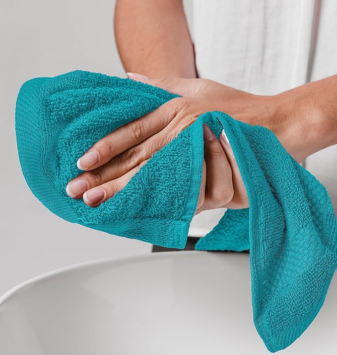 White Classic Luxury Cotton Washcloths 13x13 Inch - 650 GSM Turkish Cotton | Hotel, Spa, Bathroom Face Towel | 12 Pack, Aqua
