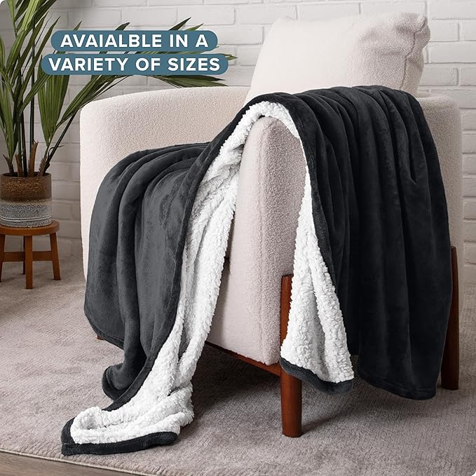 Bare Home Sherpa Fleece Blanket - Throw/Travel Size - Blanket for Bed, Sofa, and Couch - Warm & Lightweight - Fluffy & Soft - Reversible (Throw/Travel, Black)