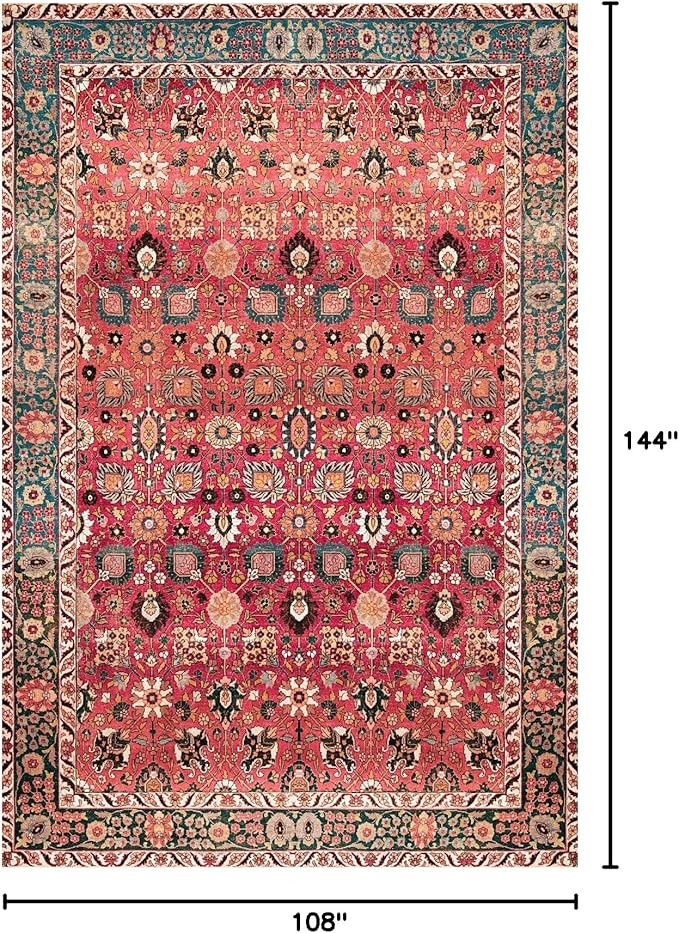 vivorug 9x12 Area Rugs for Living Room, Non Slip Machine Washable Vintage Red Floral Rug, Ultra-Thin Lightweight Large Area Rug for Bedroom, Dining Room, Low Pile