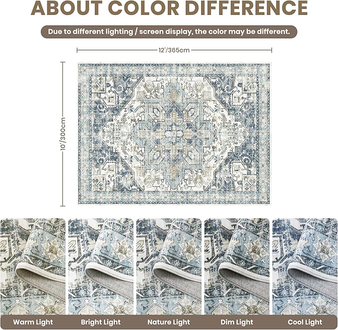 zesthome 10x12 Area Rugs-Washable Rug for Living Room, Non-Slip Backing Rugs, Stain Resistant 10x12 Rug for Bedroom, Ultra-Thin Low Pile Rugs, Vintage Large Home Decor
