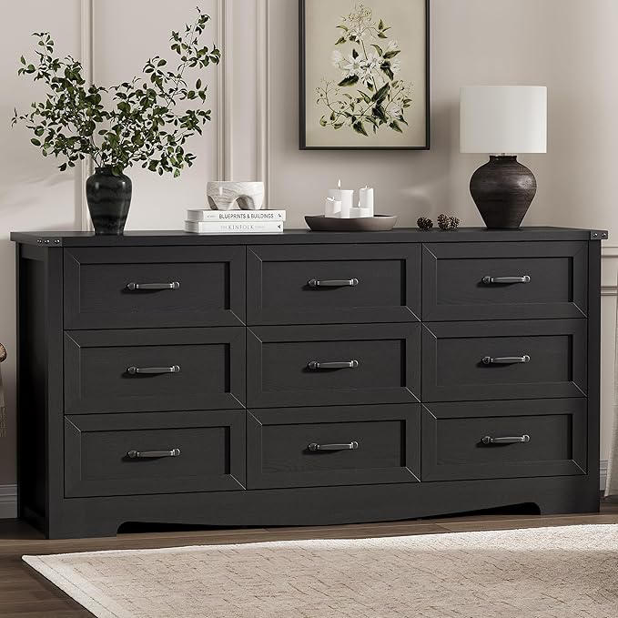 Dresser for Bedroom with 9 Drawers, 63" Wide Wood Chest of Drawers with Deep Drawers & Mental Handle, Modern Dresser TV Stand, Wooden Closet Storage Organizer for Living Room, Hallway, Entryway, Black