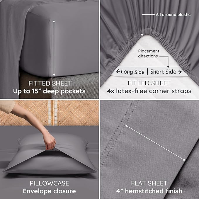 Bambaw 4pcs Full Size Sheet Set - 100% Viscose Derived from Bamboo - Cooling, Soft, Modern - Dark Gray