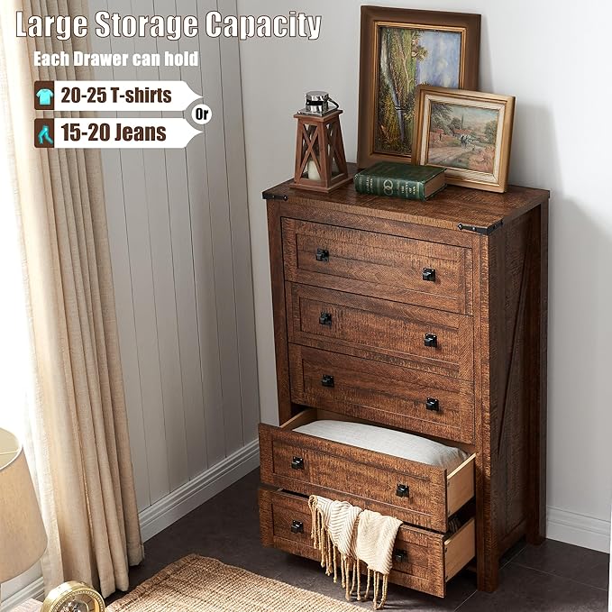T4TREAM Farmhouse 5 Drawers Dresser Chests for Bedroom, Wood Rustic Tall Chset of Drawers,Dressers Organizer for Bedroom, Living Room,Hallway, Reclaimed Barnwood