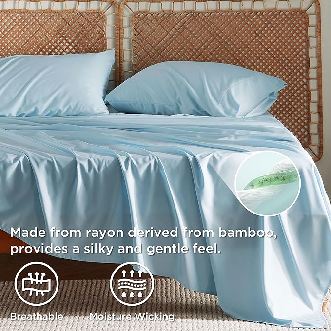 Bedsure King Size Sheets Set, Cooling Sheets for Hot Sleepers, Rayon Derived from Bamboo, Breathable & Soft, Deep Pocket Up to 16 Inches, Hotel Luxury Silky Bedding, Aqua