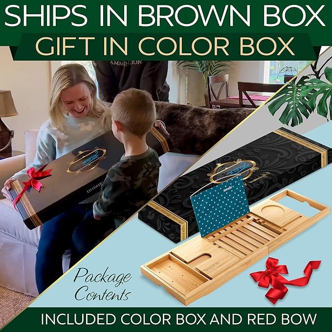 SereneLife Bamboo Bathtub Caddy with Luxury Gift Box and Red Gifting Ribbon Extendable & Adjustable Tray with Device/Book Holder with Removable Trays for Bath Accessories (Natural Color)