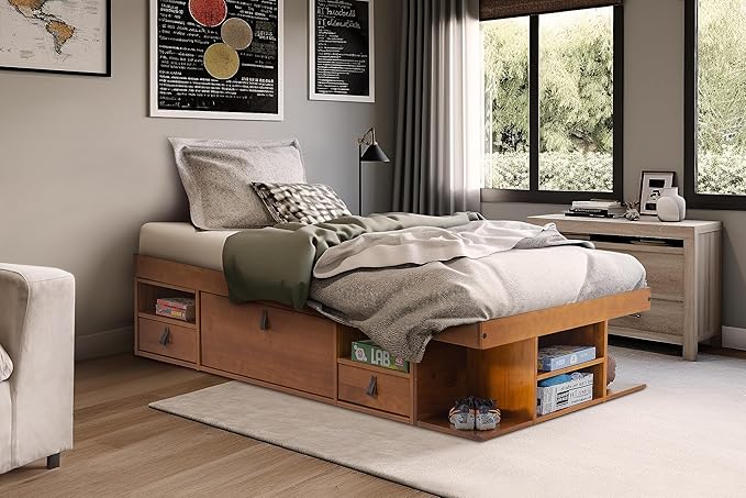 memomad Bali Storage Platform Bed with Drawers (Twin Size, Oak Brown Wood)
