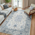 Area Rugs 6'x8' Washable Non-Slip, Floral Vintage Distress Print Pattern Medallion Carpet for Living Room Bedroom Dining Room, Light Blue Navy Beige Gray White