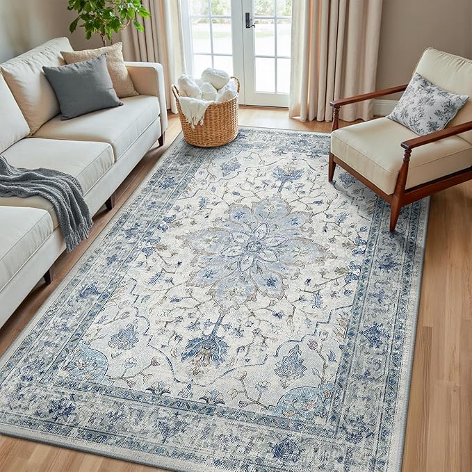Area Rugs 6'x8' Washable Non-Slip, Floral Vintage Distress Print Pattern Medallion Carpet for Living Room Bedroom Dining Room, Light Blue Navy Beige Gray White