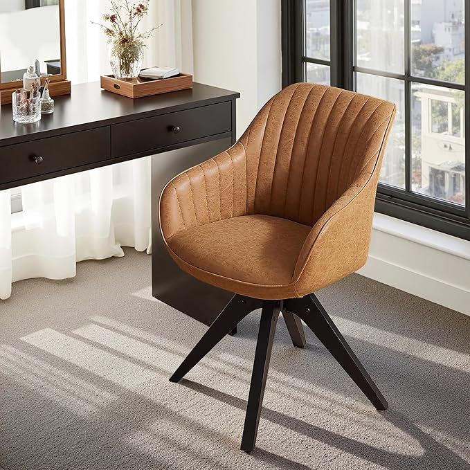 Zouron Mid Century Modern Accent Chair with Black Oak Wood Legs, Upholstered Swivel Chair No Wheels, Side Accent Armchair Vanity Chair for Small Space Home Office Living Room Bedroom, Brown