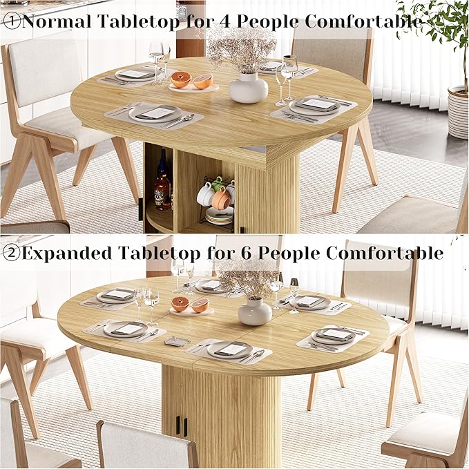 Vipbear Extendable Dining Table 43-59" for 4-6 People, Solid Wood Top with Fluted Slide Door & 8-Compartment Storage, Space Saving Round Dining Room Kitchen Dinner Tables Furniture with Pedestal Base