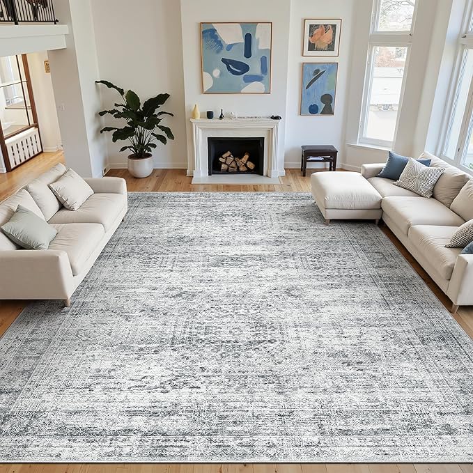 10x14 Area Rugs for Living Room, Non Slip Machine Washable Vintage Rugs, Low Pile Lightweight Large Rug for Bedroom, Dining Room, Home Office Grey