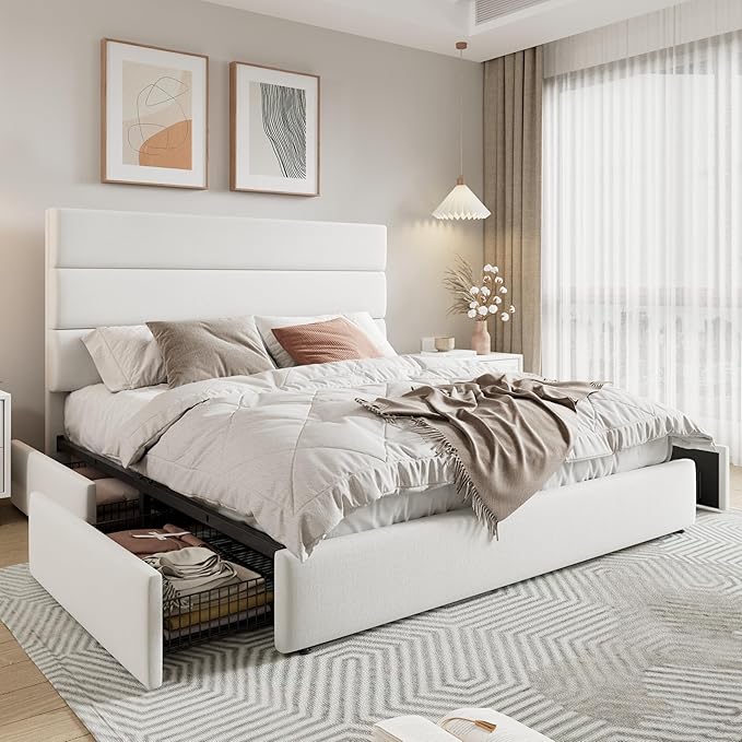 Allewie Modern Full Size Platform Bed Frame with 4 Storage Drawers and Velvet Upholstered Headboard, Wooden Slats Support, Upholstered Mattress Foundation/No Box Spring Needed/Easy Assembly, White