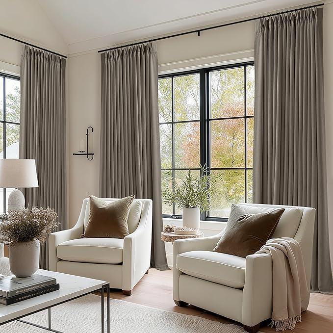 Flax Taupe Pinch Pleated Blackout Curtains 102 Inches Long for Bedroom 100% Black Out Thick Linen Dual Layer Pleated Drapes Farmhouse Country Brownish Gray 102 Inch Curtain for Dining Living Room