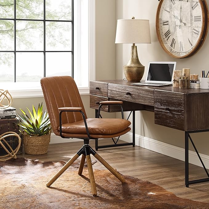 Art Leon Mid Century Modern Chair, Oak Legs Swivel Accent Chair No Wheels, Faux Leather Armchair for Small Spaces Home Office Living Room Bedroom, Yellow Brown