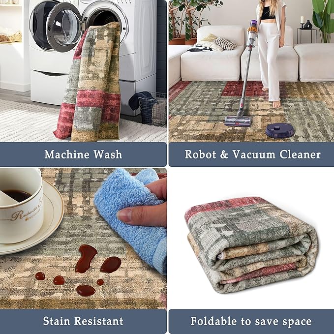 5x7 Area Rugs - Ultra-Thin Washable Rug with Non-Slip Backing, Ideal for Living Room, Bedroom, Kitchen Floor Carpet - Modern Abstract Style, Easy Clean, Durable, Low Pile Rug, Rainbow