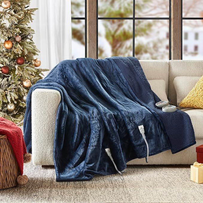 Beautyrest Heated Blanket, Electric Blanket, Soft, Warm, Reversible Plush - Sherpa Heating Blanket with 20 Heat Settings, 1-10 hrs Timer Auto Shut Off, Machine Washable, King (90 inx100 in), Indigo