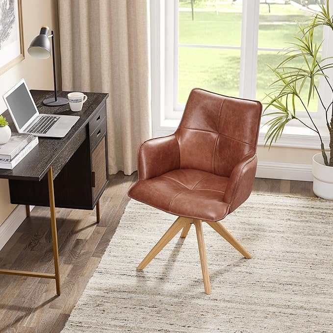 Art Leon Home Office Desk Chair - Genuine Leather Upholstered Accent Armchair, Mid Century Swivel Chair with Black Oak Wood Legs for Small Space Living Room Bedroom, Red Brown