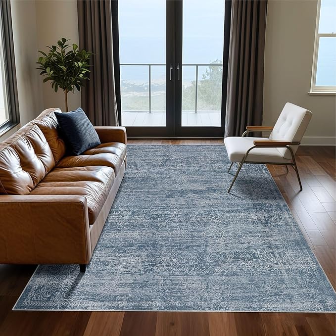 Area Rug Living Room Rugs - 5x7 Large Soft Indoor Neutral Modern Abstract Low Pile Washable Rug Carpet for Bedroom Dining Room Farmhouse Home Office - Dark Blue