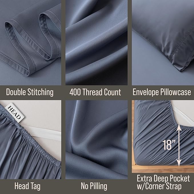 Bella Coterie 7 Piece Luxury Bamboo Viscose Split King Size Sheet Set | 2 Fitted Sheets for Adjustable Beds | 100% Organically Grown | Cooling for Hot Sleepers | 4 Pillowcases [Slate Blue]