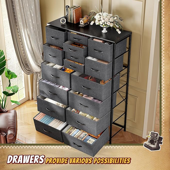 57“H Dresser for Bedroom with Drawers,Fabric Dressers & Chests of Drawers for Bedroom,Large Dresser, Sturdy Metal Frame & Wood Top,Entryway, Hallway(Grey)