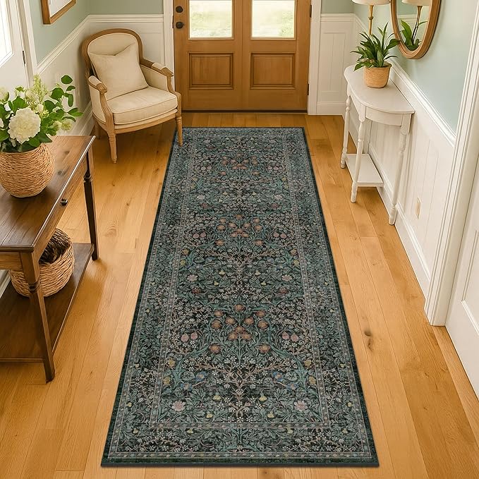 8ft Long Runners for Hallways Non Slip, 2'6" x 8' Floor Runner for Kitchen, Entryway Indoor, Washable Rubber Backing Stain Resistant - Vintage Floral Dark Green & Black Wide Décor