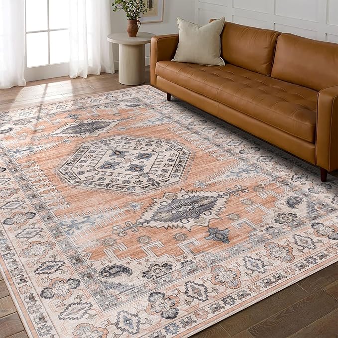 vivorug 9x12 Area Rugs for Living Room, Non Slip Machine Washable Vintage Rug, Ultra-Thin Lightweight Large Area Rug for Bedroom Nursery Dining Room, Low Pile Orange