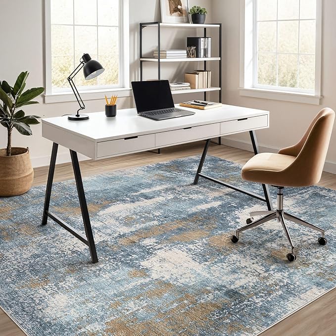 Area Rug Living Room Rugs - 9x12 Washable Large Soft Indoor Neutral Modern Abstract Low Pile Rug Carpet for Bedroom Dining Room Farmhouse Home Office - Blue Brown
