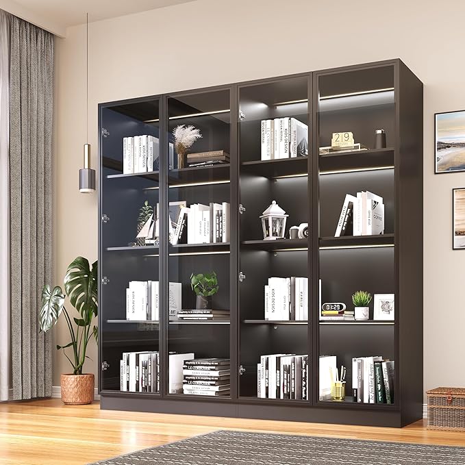 Wooden Display Storage Cabinet with Glass Door, LED Lights,Showcase for Collections, Perfume, Vinyl Albums, Bookcase for Home Office, Living Room, Clinic, Pantry (Black- 4 Layers)
