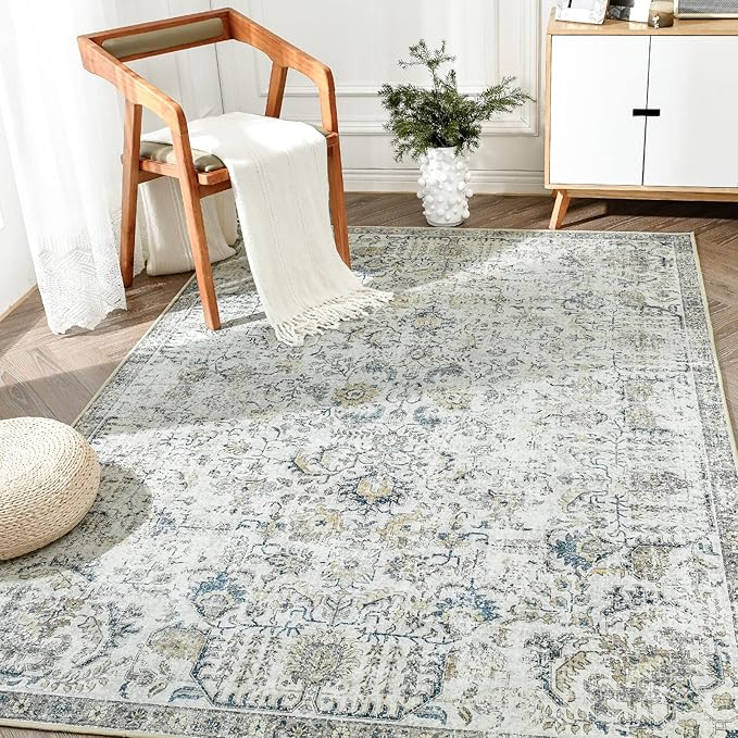 jinchan Kalen Area Rug 6x9 Washable Living Room Rug Vintage Indoor Large Floor Cover Retro Accent Mat Distressed Floral Country Boho Non Slip Thin Carpet for Bedroom Dining Room Office Blue Multi