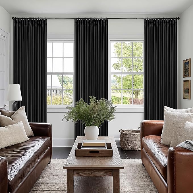 Black Pleated Linen Blackout Curtains 84 Inches Long for Bedroom Living Room Pinch Pleat Black Out Thermal Insulated Ring Hooks Back Tab Room Darkening Modern Drapes Window Curtains with Liner