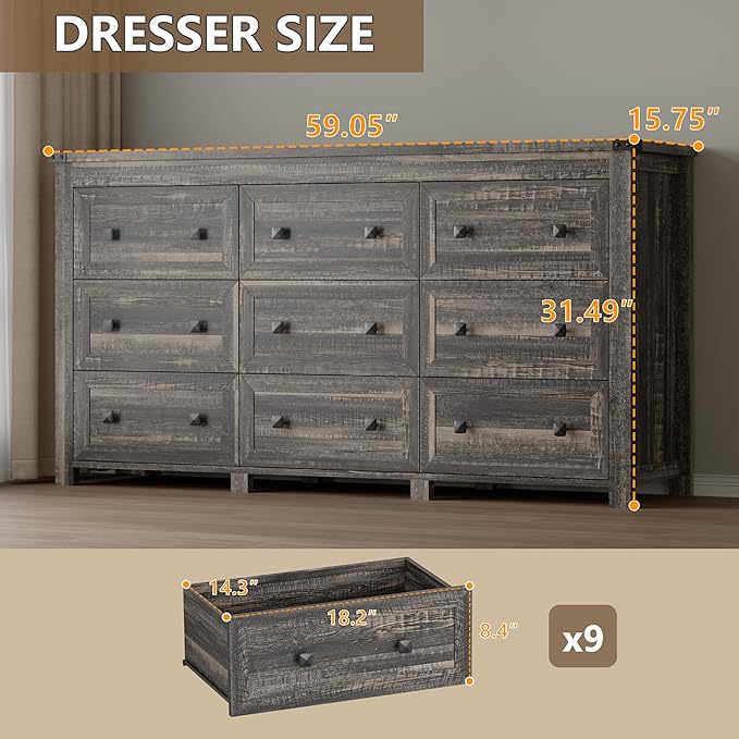 9-Drawer Dresser, Modern Wooden Storage Chest of Drawers, Dresser TV Stand, Wood Drawer Organizer with Metal Handles for Bedroom, Living Room, Hallway