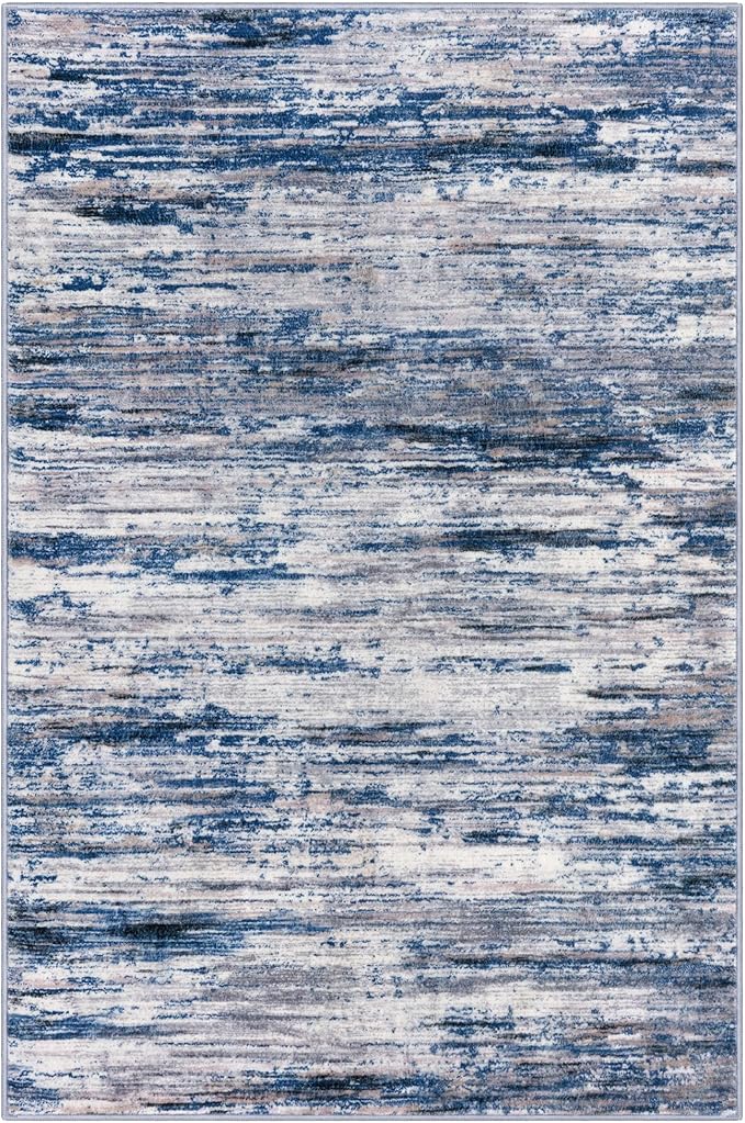 4x6 Modern Abstract Rug for Farmhouse, Navy Blue Gray Neutral Multi Super Soft Washable Rug with Non-Slip, Low-Pile Indoor Door Area Rugs for Living Room Bedroom, Carpet with Non-Shedding