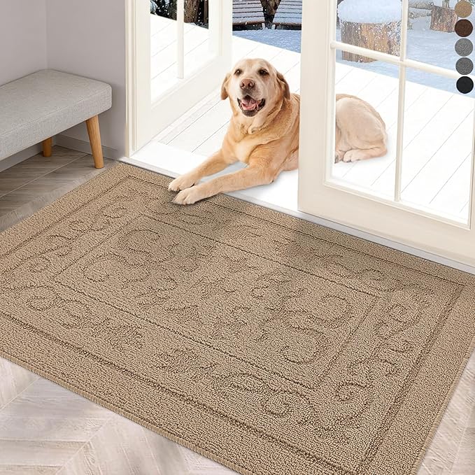 FONEYI Indoor Door Mat 24" x 36", Dirt Trapper Door Mats Non-Slip Entryway Rugs Washable, Absorbent Resist Dirt Welcome Mat, Low Profile Inside Floor Mats for Front Back Door and Entryway, Beige