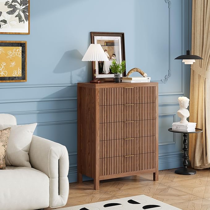 5 Drawer Dresser, 43" Tall Dresser Organizer TV Drawer Cabinet Modern Wood Storage Cabinet, Modern Wood Storage Cabinet for Bedroom, Hallway, Entryway, Walnut Oak X 2