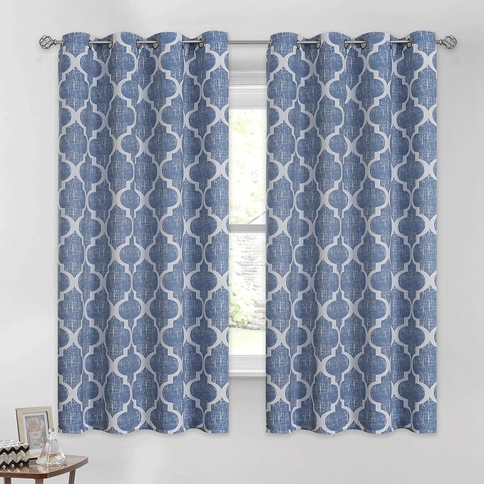 Beauoop 100% Blackout Curtains 63 Inches Long 2 Panels for Bedroom Living Room Blue Moroccan Geo Room Darkening Thermal Insulated Soundproof Grommet Top Window Treatments Drapes, 50x63 Set of 2