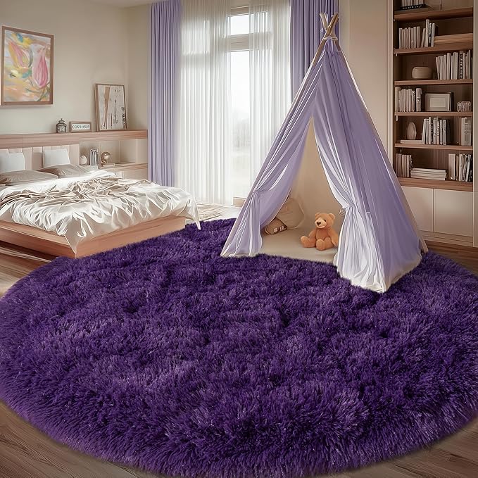 Round Purple Rug for Bedroom, 8 ft Circle Area Rugs for Living Room, Soft Large Fluffy Shag Carpet for Teen Girls Boys Nursery Room Dorm Home Decor Aesthetic