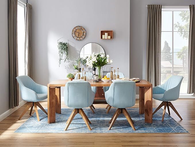 Zouron Mid Century Modern Accent Chair with Wooden Legs, Upholstered Swivel Chair No Wheels, Side Accent Armchair Vanity Chair for Small Space Home Office Living Room Bedroom, Light Blue