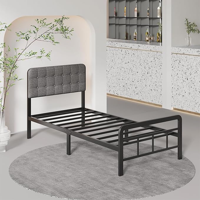 12 Inch Twin Bed Frames with Upholstered Headboard and Metal Footboard, No Box Spring Needed, Heavy Duty Twin Metal Mattress Foundation, Noise Free, Easy Assembly