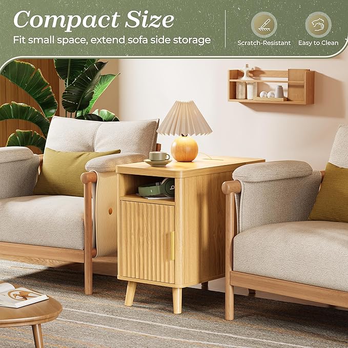 Huuger Narrow End Table with Charging Station, USB-C Port, Fluted Nightstand with Storage Cabinet, Back Rack, Side Table for Small Spaces, 13.4 × 23.6 Inch Night Stand with Storage, Natural