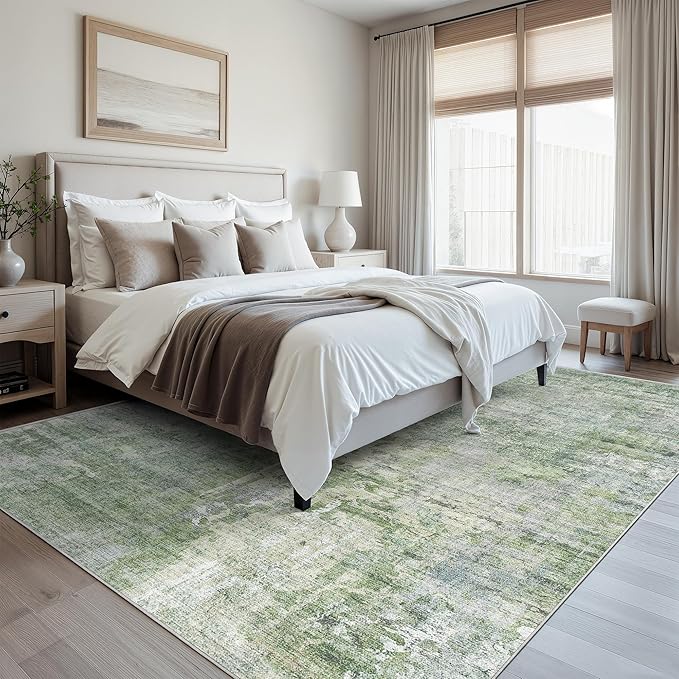 9x12 Area Rugs for Living Room, Non-Slip Machine Washable Vintage Rugs, Abstract Low Pile Lightweight Large Rug for Bedroom, Dining Room, Home Office Green Ivory