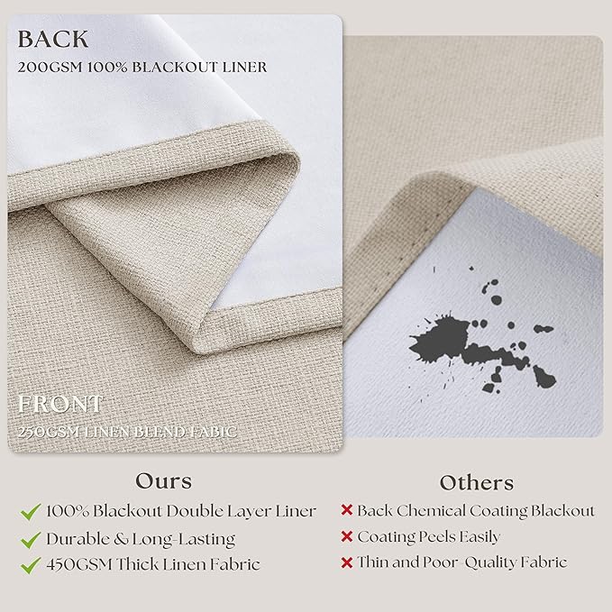 Pinch Pleated 100% Blackout Linen Curtains 96 Inch Length 2 Panels Pinch Pleat Curtains Black Out Light Blocking Room Darkening Drapes Dual Layer for Bedroom Living Room Window Cream Ivory Natural