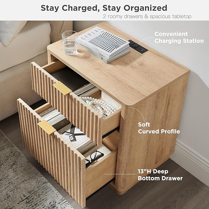 T4TREAM 23'' Fluted Nightstand with Charging Station, Large 2 Drawer Bedside Table, Modern End Table with Storage, Mid Century Night Stand for Bedroom, Living Room, Curved Profile, Natural Oak