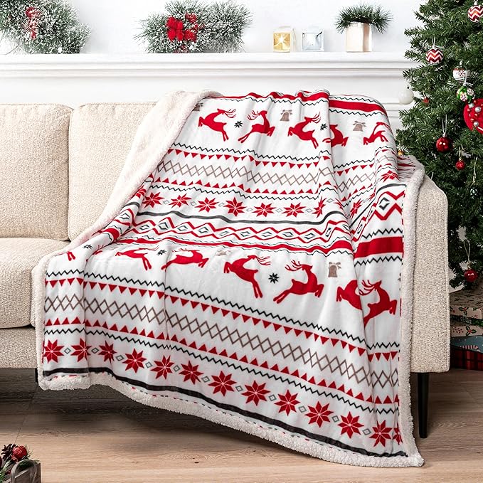 PAVILIA Premium Christmas Sherpa Throw Blanket | Christmas Decoration Gift, Fleece, Plush, Warm, Cozy Reversible Microfiber Holiday Blanket | White Reindeer - 50x60