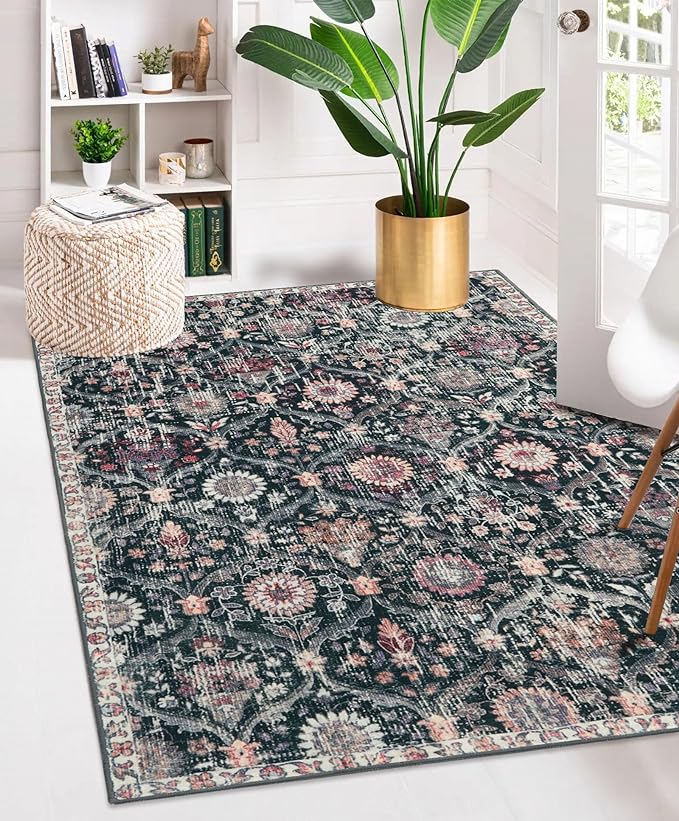 Lahome Moroccan Trellis Washable Small Area Rug, 3x5 Black Rug for Bedroom Living Room, Non-Slip Oriental Accent Throw Carpet for Kitchen Office Entryway Bathroom Office, Black/Multi