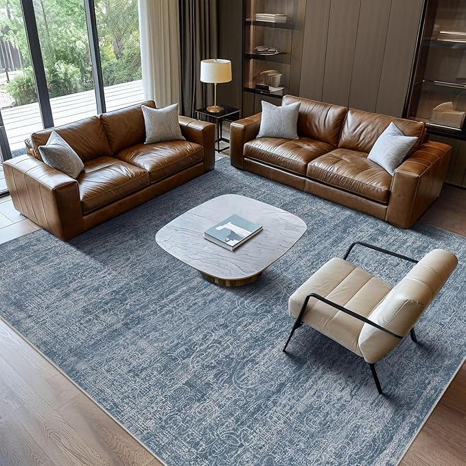 Area Rug Living Room Rugs - 8x10 Washable Large Soft Indoor Neutral Modern Abstract Low Pile Rug Carpet for Bedroom Dining Room Farmhouse Home Office - Dark Blue